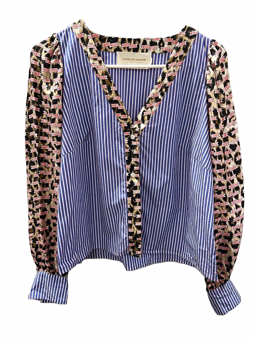 La Prestic Ouiston Paris Mixed Print Shirt Blue Stripe Cheetah Kiss Love